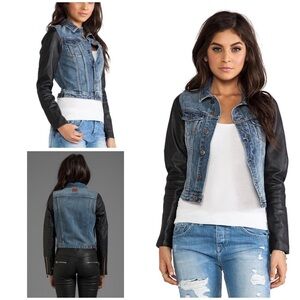 Maison Scotch Leather Sleeve Cropped Denim Jacket Petite XS/S  Moto Jean Jacket